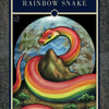 Vibrant rainbow-colored snake coiled around a mountain with earth, sky, and green trees in a circular scene, "RAINBOW SNAKE" at the top. Ideal for The Mythical Creatures Oracle by Schiffer Publishing, Ltd.