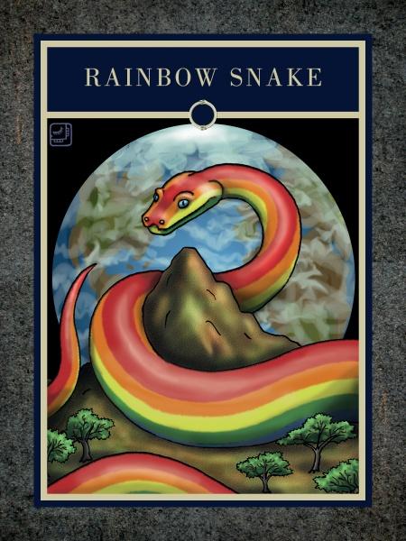 Vibrant rainbow-colored snake coiled around a mountain with earth, sky, and green trees in a circular scene, "RAINBOW SNAKE" at the top. Ideal for The Mythical Creatures Oracle by Schiffer Publishing, Ltd.