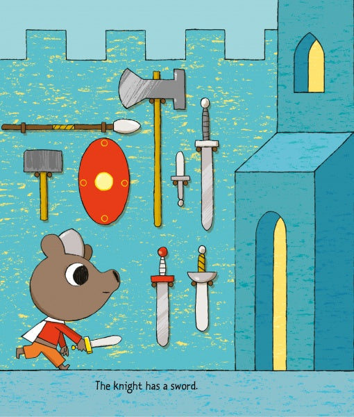 On "Dragon's Castle" by Schiffer Publishing, Ltd., a cartoon bear knight with a sword walks by a castle wall of weapons. Inspired by an adventure children's book, the text says: The knight has a sword.