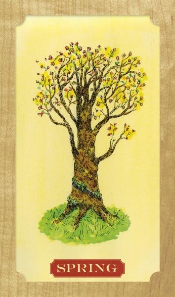 Illustration of a budding tree with flowers on green grass against a yellow backdrop. The label SPRING at the bottom reflects self-awareness, inspired by Schiffer Publishing, Ltd.’s Tree of Life Oracle deck.