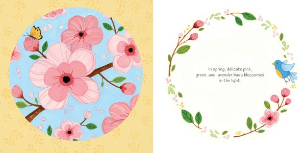 The left page of "A Colorful Tail" by Schiffer Publishing, Ltd. shows pink flowers and a yellow butterfly under a blue sky, while the right page features a cheerful floral wreath, blue bird, and spring blossom text in a children’s book style.