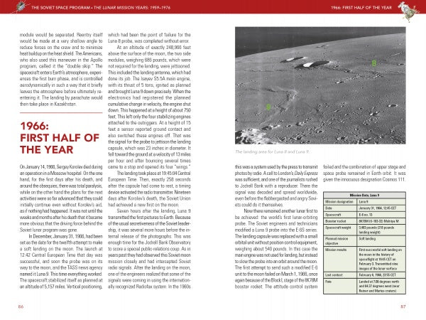 A two-page spread from "The Soviet Space Program" by Schiffer Publishing, Ltd. features 1966 Soviet moon program text, a large black-and-white lunar surface photo with numbered points, a caption, and a table of Cosmos missions.