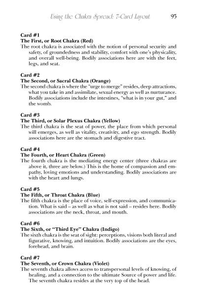 A page from Schiffer Publishing, Ltd.'s "Tarot Spreads and Layouts" details a 7-card Chakra Spread for beginners, linking each Tarot card to a color, body area, and qualities such as security, creativity, power, love, expression, intuition, and spirituality.