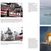 A spread from Schiffer Publishing, Ltd.'s USS Iowa (BB-61) photo book shows the battleship at port, close-ups of WWII gun turrets, a crew ceremony, sailing scenes, and dramatic firing images—each with descriptive text.