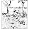 A black-and-white sketch from "Looted Beauty" by Schiffer Publishing, Ltd. shows a man in a hat and coat with a stick walking outdoors between two trees, with buildings or factories visible across water in the background.
