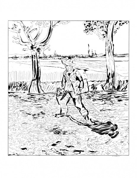 A black-and-white sketch from "Looted Beauty" by Schiffer Publishing, Ltd. shows a man in a hat and coat with a stick walking outdoors between two trees, with buildings or factories visible across water in the background.