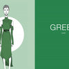 A fashion illustration from Colors de la Runway by Schiffer Publishing, Ltd. shows a person in a stylish green dress. "GREEN" appears with its pronunciation, making it perfect for learning rainbow colors in English and French.