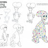 Creatures and Characters by Schiffer Publishing, Ltd. features a character design sheet showing the evolution of two cartoon creatures—one tall with a blue head, one colorful with polka dots—with sketches, finals, and notes.
