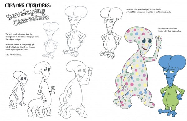 Creatures and Characters by Schiffer Publishing, Ltd. features a character design sheet showing the evolution of two cartoon creatures—one tall with a blue head, one colorful with polka dots—with sketches, finals, and notes.