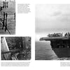 A two-page spread in Schiffer Publishing, Ltd.’s "USS Enterprise (CV-6)" shows black-and-white photos from the Pacific War: damaged carriers, sailors on deck, ruined ship interiors, a carrier at sea, and historical context.