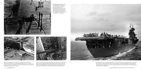 A two-page spread in Schiffer Publishing, Ltd.’s "USS Enterprise (CV-6)" shows black-and-white photos from the Pacific War: damaged carriers, sailors on deck, ruined ship interiors, a carrier at sea, and historical context.