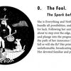 An illustration from The Gorgon's Tarot by Schiffer Publishing, Ltd. shows The Fool—a young woman with a staff and bundle at a cliff’s edge, dog beside her, gazing at stars, an alligator, and symbols. Text about The Fool is on the right.