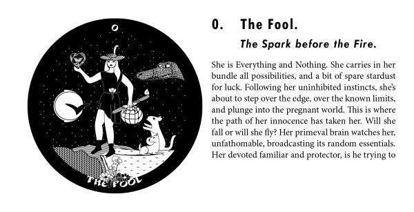 An illustration from The Gorgon's Tarot by Schiffer Publishing, Ltd. shows The Fool—a young woman with a staff and bundle at a cliff’s edge, dog beside her, gazing at stars, an alligator, and symbols. Text about The Fool is on the right.