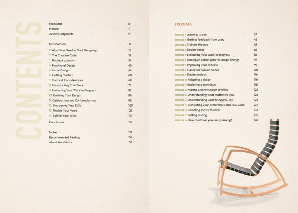 On the left, "Master Your Craft" by Schiffer Publishing, Ltd. presents a table of contents with chapters and topics; on the right, an exercise index appears beside a modern wooden rocking chair, showcasing artisan skills and product design.
