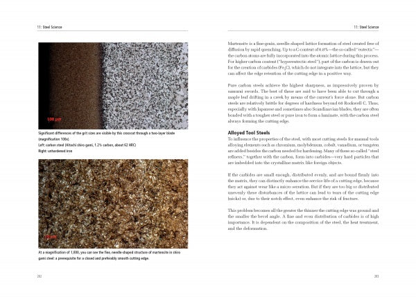 Two microscope images from "Sharpening Woodworking Tools" by Schiffer Publishing, Ltd. reveal steel microstructures—granular at 500 µm and banded at 1 mm. The text covers tool steels and sharpening methods for top woodworking performance.