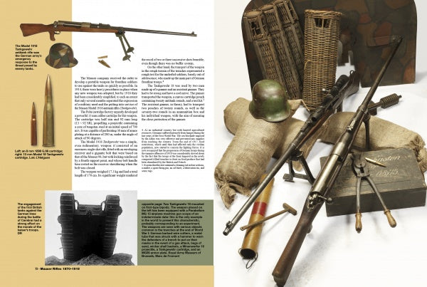 Mauser Rifles, Vol. 1 by Schiffer Publishing, Ltd. features a two-page spread with detailed text and labeled images of Mauser rifles, ammunition, WWI helmets, and other military gear and artifacts.