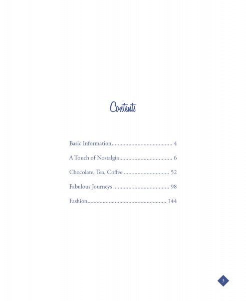 Retro Cross Stitch by Schiffer Publishing, Ltd.: Table of contents—Basic Information (p. 4), A Touch of Nostalgia (p. 6), Chocolate, Tea, Coffee (p. 52), Fabulous Journeys (p. 98), and Fashion (p. 144), inspired by vintage designs. See p. 3 bottom.
