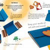 A step-by-step illustrated guide from Schiffer Publishing, Ltd. shows kids how to craft a blue heart-clasp art folio using Cardboard, helping build fine motor skills; the completed project appears at the bottom right.