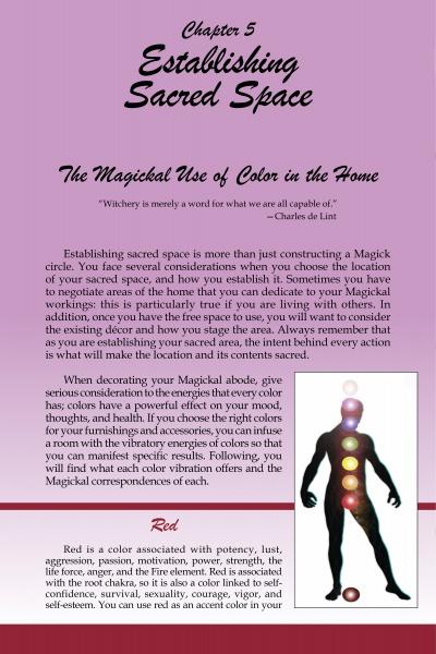 A page from Sacred Objects, Sacred Space by Schiffer Publishing, Ltd. features a chakra illustration and a section on the color red, exploring its magickal energies commonly used in witchcraft and magickal tools.