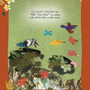 A collage-style illustration from "Song for Papa Crow" (Schiffer Publishing, Ltd.) shows a blue jay calling as other North American birds fly away. A hawk quote appears above the green, plant-filled background with flowers on the orange border. Ages 5-8.