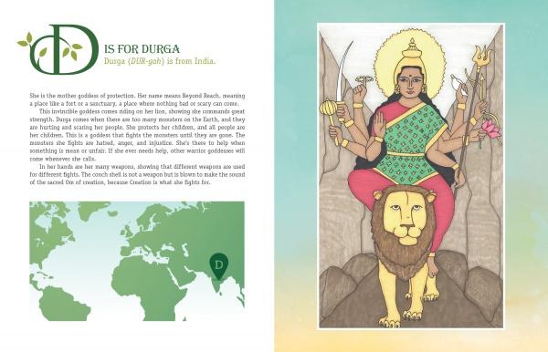 A page from "Goddesses from A to Z" by Schiffer Publishing, Ltd. features D for Durga with a story, India's map, and an illustration of the goddess riding a lion—an ideal multicultural choice introducing goddesses to kids.