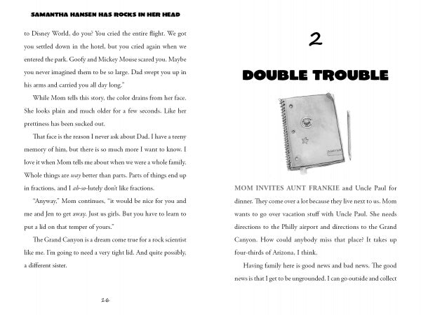 A page from Samantha Hansen Has Rocks in Her Head by Schiffer Publishing, Ltd. shows story text about Samantha, a rock-loving scientist, and her mom on the left, with an illustration of a notebook and pencil on the right.