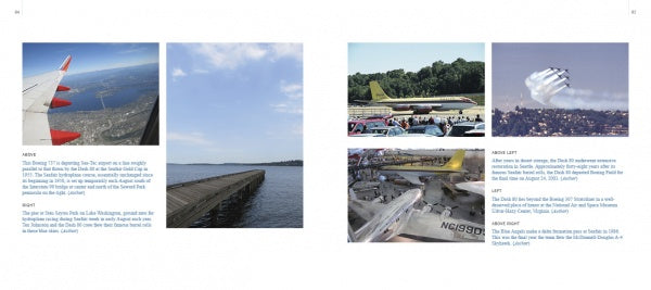 Jet City Rewind by Schiffer Publishing, Ltd. includes a two-page spread with six photos: an airplane wing above a city, lakeside pier, airshow classics, jets in formation, and close-ups of vintage Boeing planes, each with captions.