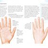 The cover of "Your Health in Your Hands" by Schiffer Publishing, Ltd. shows two hands labeled with traits like hand size, finger length, and lines, highlighting how palmistry can reveal health insights and personality clues.