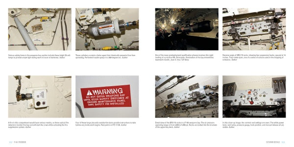 Six close-up photos from Schiffer Publishing, Ltd. show detailed aircraft parts, warning signs, switches, wires, and panels inside the P-8A Poseidon's fuselage and maintenance areas, with visible labels and warning stickers.