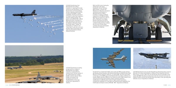 A two-page spread in Schiffer Publishing, Ltd.’s B-52 Stratofortress displays five images: a bomb drop, landing gear close-up, taxiing on the runway, and two in flight—showcasing this key US deterrent. Text surrounds the photos.