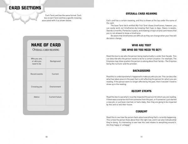 The My First Relationship Tarot guidebook by Schiffer Publishing, Ltd. features spreads with headings like “Background,” “Recent events,” and “Outcome,” plus clear explanations in black text on white pages for any Tarot deck.