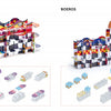 Two colorful abstract card models, Nemausus and Boeros, stand above diagrams detailing step-by-step assembly with ArchiPop’s illustrated instructions and patterned pieces from Schiffer Publishing, Ltd.