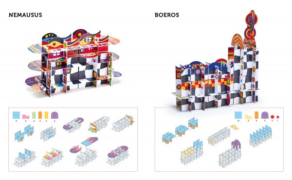 Two colorful abstract card models, Nemausus and Boeros, stand above diagrams detailing step-by-step assembly with ArchiPop’s illustrated instructions and patterned pieces from Schiffer Publishing, Ltd.