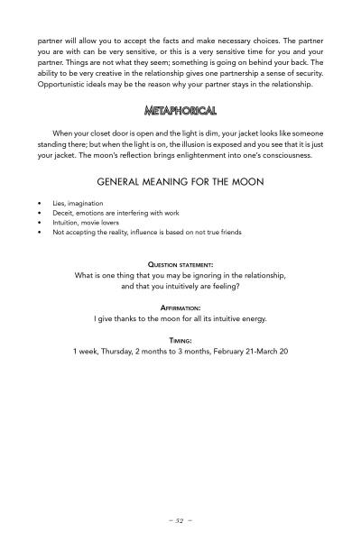 A Guide to Tarot and Relationships by Schiffer Publishing, Ltd. explores the moon’s metaphor in love, intuition, timing, relationship advice, and self-discovery, ending each section with a reflective question for readers.