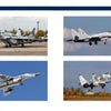 Four images from Schiffer Publishing, Ltd.'s "The MiG-29" show Soviet MiG-29 fighters on runways and in flight, with clear skies and autumn trees. The jets display grey or camouflage paint and red star insignias.