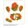 A collection of Bakelite Jewelry by Schiffer Publishing, Ltd. featuring orange and green carved floral brooches, earrings, and a belt buckle, all showcased on a white background.