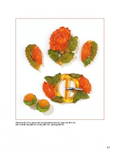 A collection of Bakelite Jewelry by Schiffer Publishing, Ltd. featuring orange and green carved floral brooches, earrings, and a belt buckle, all showcased on a white background.