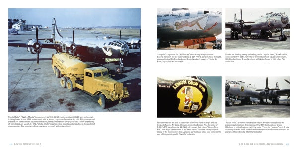 A two-page spread in "B-29/B-50 Superfortress, Vol. 2" by Schiffer Publishing, Ltd. showcases vintage WWII photos: B-29s on an airfield, a yellow fuel truck, and nose art like Lemon Drop Kid, with captions for each image.