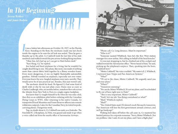 Two-page spread from "Hunting the Wind" by Schiffer Publishing, Ltd.: left page features a blue-themed chapter opener, “In The Beginning,” with intro text and two authors; right page displays a round B&W photo of a seaplane from aviation's golden age.