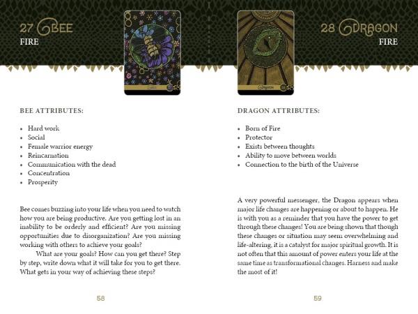 Pages from The Wild Elemental Oracle by Schiffer Publishing, Ltd. display Bee and Dragon oracle cards with ornate illustrations, listing attributes like hard work (Bee) and fire (Dragon), plus spirit animal guide-inspired descriptions.