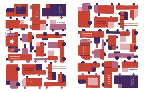 Where Is My Car? by Schiffer Publishing, Ltd. features abstract red, purple, and pink geometric shapes—some with ladders and a white star—in grids on white with dark circles, creating a seek-and-find game that boosts observation and memory.
