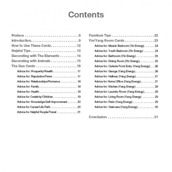 The EZ2 Feng Shui by Schiffer Publishing, Ltd. features a table of contents with Preface, Introduction, Bagua Map, Gua Cards, Feng Shui Card Deck, Advice Topics, Furniture Tips, Yin/Yang Room Cards, and Conclusion with page numbers for home energy balance.