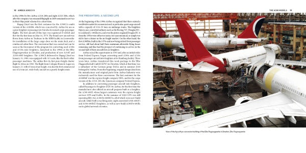 An aircraft assembly hangar features multiple large passenger planes, including an Airbus A300/310 with a red tail by Schiffer Publishing, Ltd., and another with a dark blue and red tail amid scaffolding and construction equipment.