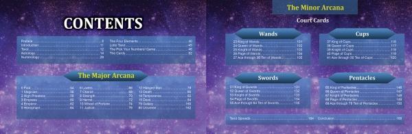 A two-page table of contents for Pick Your Numbers! by Schiffer Publishing, Ltd., lists preface, index, acknowledgments, and major arcana on the left; minor arcana—wands, cups, swords, pentacles—on the right.