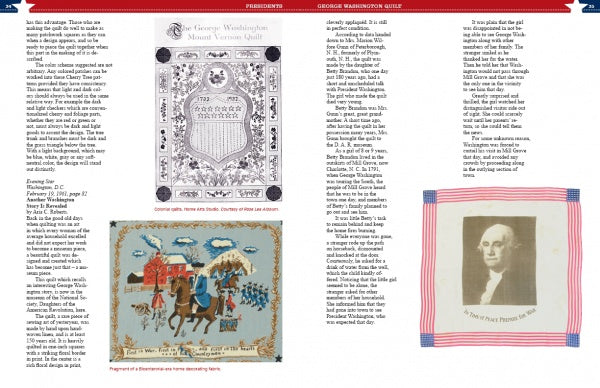 Magazine page about Schiffer Publishing, Ltd.’s “Quilts Presidential and Patriotic” features three text columns plus images of a presidential quilt pattern, an embroidered winter scene quilt, and a framed George Washington portrait.