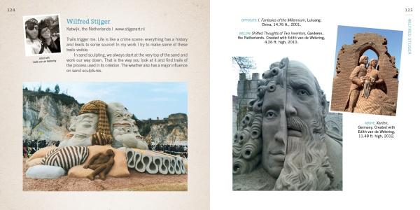 Two pages from "Contemporary Sand Sculpture" by Schiffer Publishing, Ltd. display impressive sand art: one page shows reclining heads and hands with visitors, while the other features a detailed sand face and standing figure.