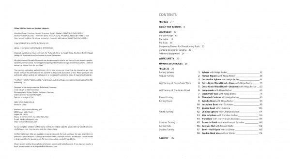 On the left, copyright and Schiffer Publishing, Ltd. info for New Woodturning Techniques and Projects; on the right, a contents page lists About the Travels, Equipment, Work Safety, and advanced woodturning projects by number.