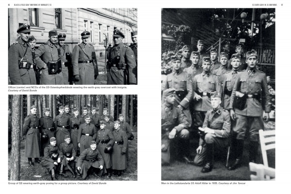 Four black-and-white photos from "Black and Field Gray Uniforms of Himmler's SS" by Schiffer Publishing, Ltd. depict WWII-era officers and soldiers in Waffen-SS uniforms, posing in groups outdoors or before buildings, some with hats and armbands.