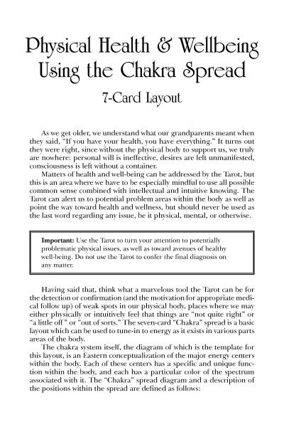 The Tarot Spreads and Layouts page on Physical Health & Wellbeing uses the Chakra Spread 7-Card Layout to give health insights, shares Tarot meanings for each chakra, and includes a warning not to use Tarot for serious medical issues.