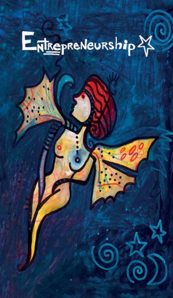 Colorful abstract painting of a woman with red hair, butterfly wings, and dotted body on a blue, starry background. “Manifesting Your Greatness” by Schiffer Publishing, Ltd. evokes the inspiring energy of wisdom cards.